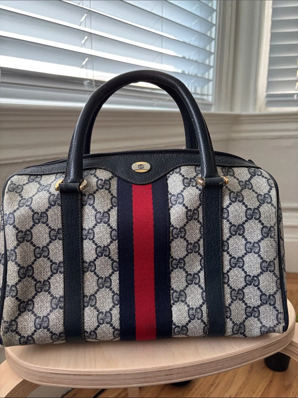 Gucci Navy & Red Signature Canvas Boston Satchel